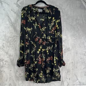 Anthropologie Size S Black Jamison Ruffled‎ Floral Tunic Top Sheer High low
